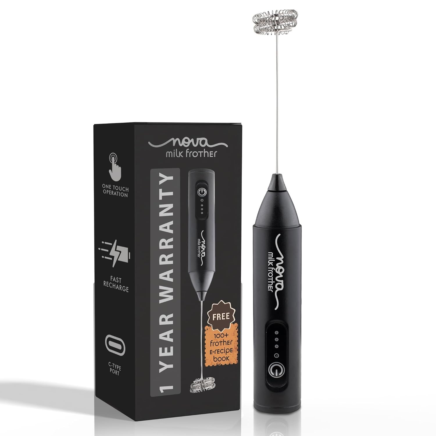 GetSetNova Rechargeable Milk Frother & Coffee Whisker with Dual Spring Tech | 1 Year Replacement Warranty | Free Coffee Frothing Recipe Book (Frother)