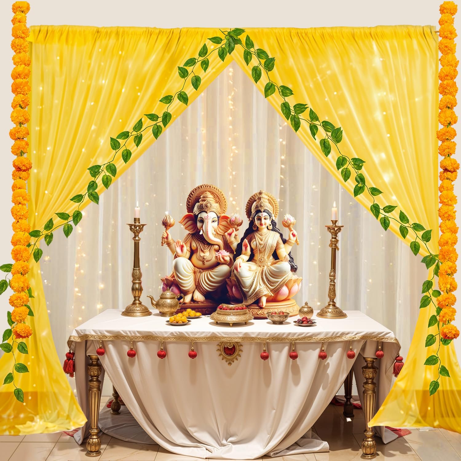 Party Propz Backdrop Cloth for Decoration Pooja with Light, Ganpati Decoration Setup for Home, Backdrop Decorations for Janmashtami, Varalakshmi, Haldi Decorations (11Pc)(Net)(Yellow, White)